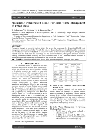 T.SUBRAMANI et al Int. Journal of Engineering Research and Applications www.ijera.com
ISSN : 2248-9622, Vol. 4, Issue 6( Version 2), June 2014, pp.264-269
www.ijera.com 264 | P a g e
Sustainable Decentralized Model For Solid Waste Management
In Urban India
T. Subramani1
R. Umarani2
S. K. Bharathi Devi3
1
Professor & Dean, Department of Civil Engineering, VMKV Engineering College, Vinayaka Missions
University, Salem, India.
2,,
PG Student of Environmental Engineering, Department of Civil Engineering, VMKV Engineering College,
Vinayaka Missions University, Salem
3
Pro term Lecturer, Department of Civil Engineering, VMKV Engineering College,Vinayaka Missions
University, Salem
ABSTRACT
This paper attempts to assess the various factors that govern the sustenance of a decentralized Solid waste
management system in urban India. Towards this end, two decentralized composting facilities (One operational
and the other closed) were studied both of which were started at the same time in Bangalore. The parameters
covered under the study were the technology and the technical expertise, Managerial influence, economic
viability, community support including the socio- economic status of the Community and the influence of
parallel government schemes. Our findings indicate that success and long-term.
KEYWORDS: Sustainable Decentralized Model, Solid Waste Management, Municipal Solid Waste.
I. INTRODUCTION
The continuous growth of population and rapid
economic development in urban areas, many public,
private and informal sector service providers in cities
in developing countries are unable to cope with
increasing volumes of solid waste, especially in poor
and low-income areas. Regular and safe disposal of
solid waste is the basis for hygiene and prevention of
diseases and hence the foundation for any
development activities oriented at poverty alleviation
through improvement of health. Exploding
populations and changing lifestyles are generating
enormous amounts of waste. Studies have revealed
that the quantum of waste generated varies between
0.2 - 0.4 kg/capita/day in urban cities and goes up to
0.5 kg/capita/day in metropolitan cites. Municipal
agencies spend 5 - 25% of their budget on MSW
management, which is Rs 75 - 250/capita/year. In
spite of the various measures to treat waste the ULBs
are currently unable to satisfactorily fulfill their
general duties. This has resulted in health problems
such as diarrhea, cholera and malaria among the
masses. The quality of life has depleted and
manpower has become less due to this increased
disease frequency. Of the total MSW generated in
India, 30 - 40% consists of organic waste, 30 - 40%
ash and fine earth, 3 - 6% paper while a meager
proportion of less than 1% accounts for plastics, glass
and metals. The following table 1.1 shows the MSW
generated per day in 6 major cities.
Table 1.1: MSW generated in 6 major cities
1.1 Solid Waste Threatens Public Health Of
Urban Areas
Wild dumping practices lead to direct and
indirect spread of epidemics & diseases through
waste accumulation in settlements (plague, malaria,
dengue fever, typhus, cholera).Accumulation of
waste in drainage networks and waterways increases
risk of flooding and contamination of water
resources.Burning of solid waste leads to increased
air pollution and respiratory diseases.
1.2 Solid Waste Management- A Growing
Challenge For Cities
 760.000 tons of solid waste produced by
urban households in 1999
 In 2025, it is estimated that 52% of the
world„s population live in cities and produce
1.8 million tons of solid waste per day.
RESEARCH ARTICLE OPEN ACCESS
 