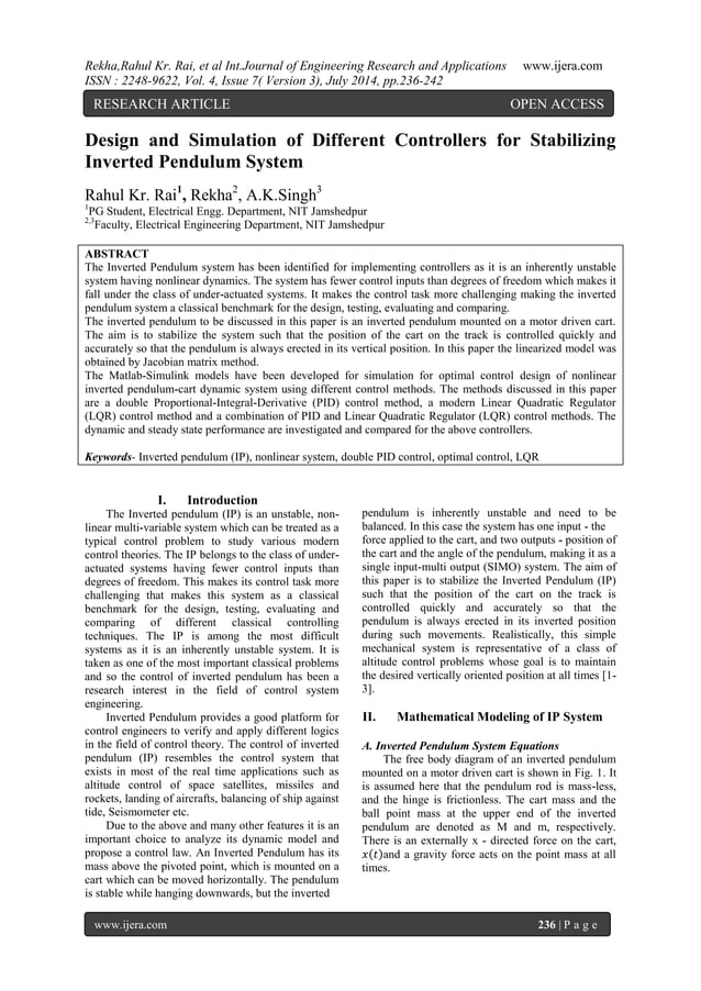 Design and Simulation of Different Controllers for Stabilizing Inverted ...