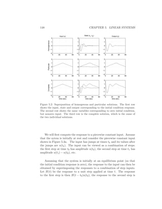 148 CHAPTER 5. LINEAR SYSTEMS
0 20 40 60
−2
−1
0
1
2
Homogeneous
Input (u)
0 20 40 60
−2
−1
0
1
2
State (x
1
, x
2
)
0 20 40 60
−2
−1
0
1
2
Output (y)
0 20 40 60
−2
−1
0
1
2
Particular
0 20 40 60
−2
−1
0
1
2
0 20 40 60
−2
−1
0
1
2
0 20 40 60
−2
−1
0
1
2
Complete
time (sec)
0 20 40 60
−2
−1
0
1
2
time (sec)
0 20 40 60
−2
−1
0
1
2
time (sec)
Figure 5.2: Superposition of homogeeous and particular solutions. The ﬁrst row
shows the input, state and output corresponding to the initial condition response.
The second row shows the same variables corresponding to zero initial condition,
but nonzero input. The third row is the complete solution, which is the sume of
the two individual solutions.
We will ﬁrst compute the response to a piecewise constant input. Assume
that the sytem is initially at rest and consider the piecewise constant input
shown in Figure 5.3a. The input has jumps at times tk and its values after
the jumps are u(tk). The input can be viewed as a combination of steps:
the ﬁrst step at time t0 has amplitude u(t0), the second step at time t1 has
amplitude u(t1) − u(t0), etc.
Assuming that the system is initially at an equilibrium point (so that
the initial condition response is zero), the response to the input can then be
obtained by superimposing the responses to a combination of step inputs.
Let H(t) be the response to a unit step applied at time t. The response
to the ﬁrst step is then H(t − t0)u(t0), the response to the second step is
 