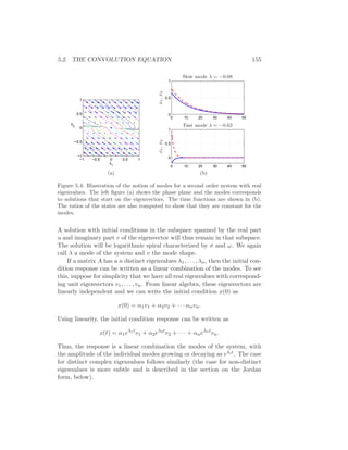 5.2. THE CONVOLUTION EQUATION 155
−1 −0.5 0 0.5 1
−1
−0.5
0
0.5
1
x
1
x2
(a)
0 10 20 30 40 50
0
0.5
1
0 10 20 30 40 50
0
0.5
1
x1,x2x1,x2
Slow mode λ = −0.08
Fast mode λ = −0.62
(b)
Figure 5.4: Illustration of the notion of modes for a second order system with real
eigenvalues. The left ﬁgure (a) shows the phase plane and the modes corresponds
to solutions that start on the eigenvectors. The time functions are shown in (b).
The ratios of the states are also computed to show that they are constant for the
modes.
A solution with initial conditions in the subspace spanned by the real part
u and imaginary part v of the eigenvector will thus remain in that subspace.
The solution will be logarithmic spiral characterized by σ and ω. We again
call λ a mode of the system and v the mode shape.
If a matrix A has a n distinct eigenvalues λ1, . . . , λn, then the initial con-
dition response can be written as a linear combination of the modes. To see
this, suppose for simplicity that we have all real eigenvalues with correspond-
ing unit eigenvectors v1, . . . , vn. From linear algebra, these eigenvectors are
linearly independent and we can write the initial condition x(0) as
x(0) = α1v1 + α2v2 + · · · αnvn.
Using linearity, the initial condition response can be written as
x(t) = α1eλ1t
v1 + α2eλ2t
v2 + · · · + αneλnt
vn.
Thus, the response is a linear combination the modes of the system, with
the amplitude of the individual modes growing or decaying as eλit. The case
for distinct complex eigenvalues follows similarly (the case for non-distinct
eigenvalues is more subtle and is described in the section on the Jordan
form, below).
 