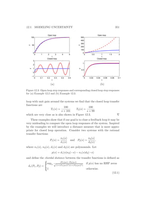 12.1. MODELING UNCERTAINTY 351
0 1 2 3 4 5
0
50
100
Open loop
t
y
0 0.1 0.2 0.3 0.4 0.5
−1
0
1
2
3
Closed loop
t
y
0 0.5 1 1.5 2
0
100
200
300
400
500
Open loop
t
y
0 0.02 0.04 0.06 0.08 0.1
0
0.5
1
Closed loop
ty
(a) (b)
Figure 12.3: Open loop step responses and corresponding closed loop step responses
for (a) Example 12.2 and (b) Example 12.3.
loop with unit gain around the systems we ﬁnd that the closed loop transfer
functions are
T1(s) =
100
s + 101
T2(s) =
100
s + 99
which are very close as is also shown in Figure 12.3. ∇
These examples show that if our goal is to close a feedback loop it may be
very misleading to compare the open loop responses of the system. Inspired
by the examples we will introduce a distance measure that is more appro-
priate for closed loop operation. Consider two systems with the rational
transfer functions
P1(s) =
n1(s)
d1(s)
and P2(s) =
n2(s)
d2(s)
,
where n1(s), n2(s), d1(s) and d2(s) are polynomials. Let
p(s) = d1(s)n2(−s) − n1(s)d2(−s)
and deﬁne the chordal distance between the transfer functions is deﬁned as
dν(P1, P2) =



supω
|P1(jω)−P2(jω)|
√
(1+|P1(jω)|2)(1+|P2(jω)|2)
if p(s) has no RHP zeros
1 otherwise.
(12.1)
 