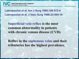 Superficial vein reflux is the most
common abnormality in patients
with chronic venous disease (CVD).
Reflux in the saphenous veins and their
tributaries has the highest prevalence.
Labropoulos et al. Am J Surg 1995;169:572-4
Labropoulos et al. J Vasc Surg 1996;23:504-10
 