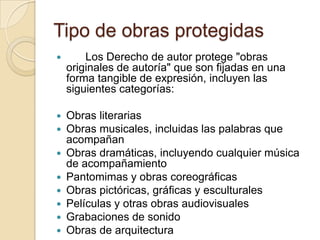 Los dos principios generales de la ley La mera posesión de un libro, manuscrito, pintura o cualquier otra copia o grabación sonora no le dar al poseedorlos derechos de autor. La ley establece que la transferencia de la propiedad de cualquier objeto material que representa una obra protegida no es suficiente para transmitir ningún derecho sobre los derechos de autor.Los menores de edad pueden reclamar derecho de autor, pero las leyes del estado puede regular los tratos de negocios que involucran los derechos de autor propiedad de menores de edad. Para obtener información sobre las leyes estatales pertinentes, consultar con un abogado.