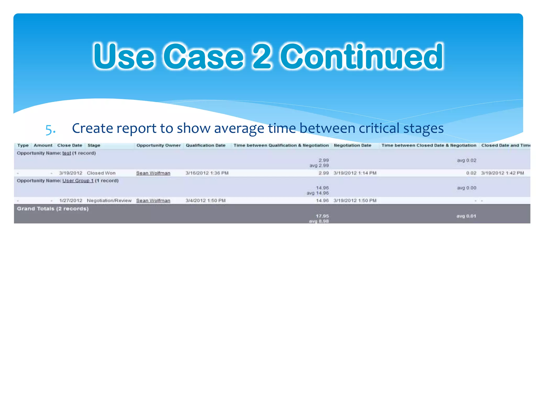 Use Case 2 Continued
5.   Create report to show average time between critical stages
 