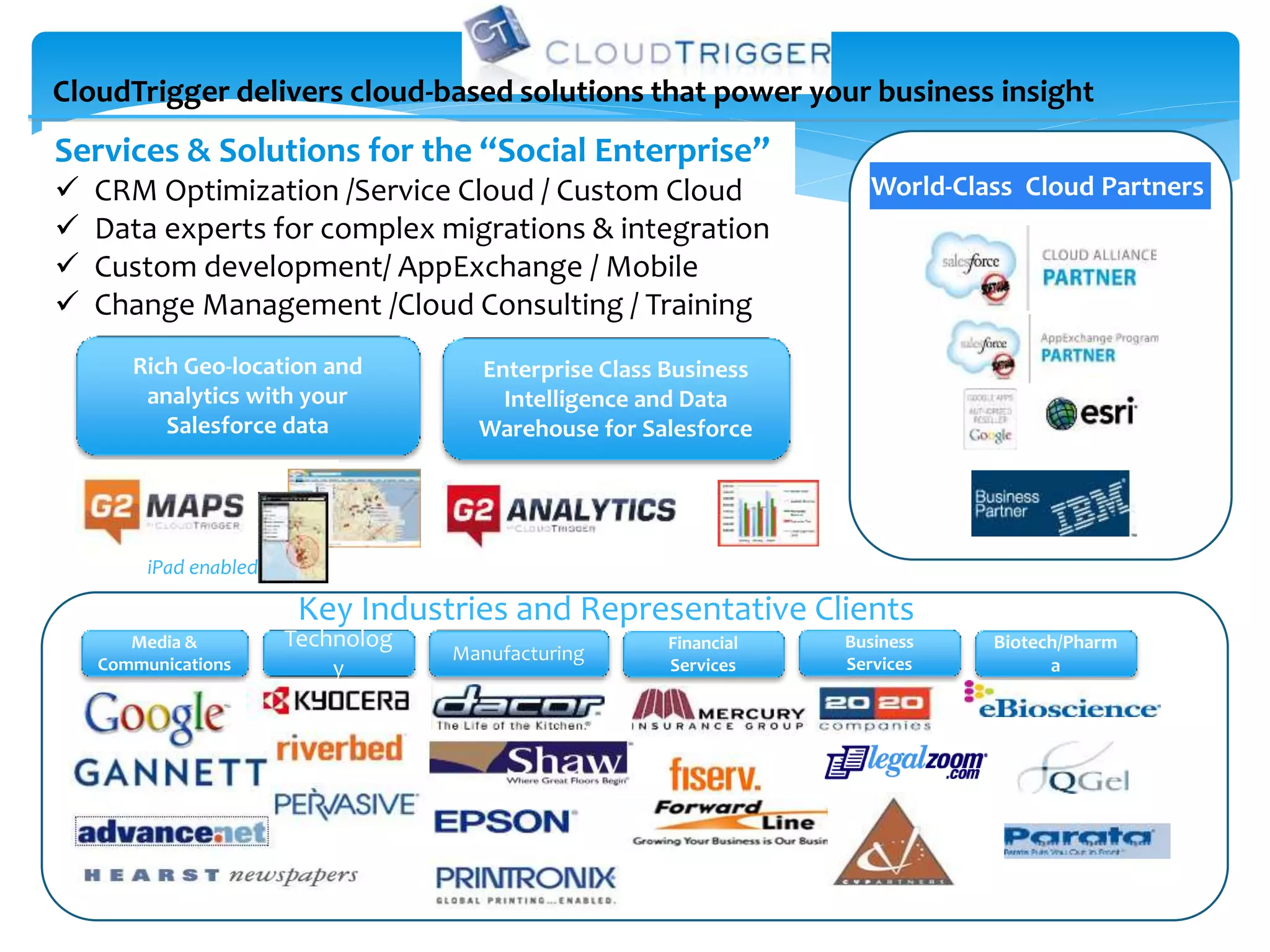 CloudTrigger delivers cloud-based solutions that power your business insight
Services & Solutions for the “Social Enterprise”
   CRM Optimization /Service Cloud / Custom Cloud                    World-Class Cloud Partners
   Data experts for complex migrations & integration
   Custom development/ AppExchange / Mobile
   Change Management /Cloud Consulting / Training
       Rich Geo-location and          Enterprise Class Business
        analytics with your             Intelligence and Data
          Salesforce data             Warehouse for Salesforce




         iPad enabled

                         Key Industries and Representative Clients
       Media &          Technolog                      Financial   Business    Biotech/Pharm
    Communications
                                    Manufacturing                  Services
                            y                          Services                      a
 