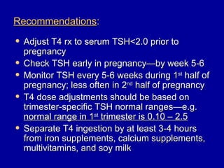Recommendations:
   Adjust T4 rx to serum TSH<2.0 prior to
    pregnancy
   Check TSH early in pregnancy—by week 5-6
   Monitor TSH every 5-6 weeks during 1st half of
    pregnancy; less often in 2nd half of pregnancy
   T4 dose adjustments should be based on
    trimester-specific TSH normal ranges—e.g.
    normal range in 1st trimester is 0.10 – 2.5
   Separate T4 ingestion by at least 3-4 hours
    from iron supplements, calcium supplements,
    multivitamins, and soy milk
 