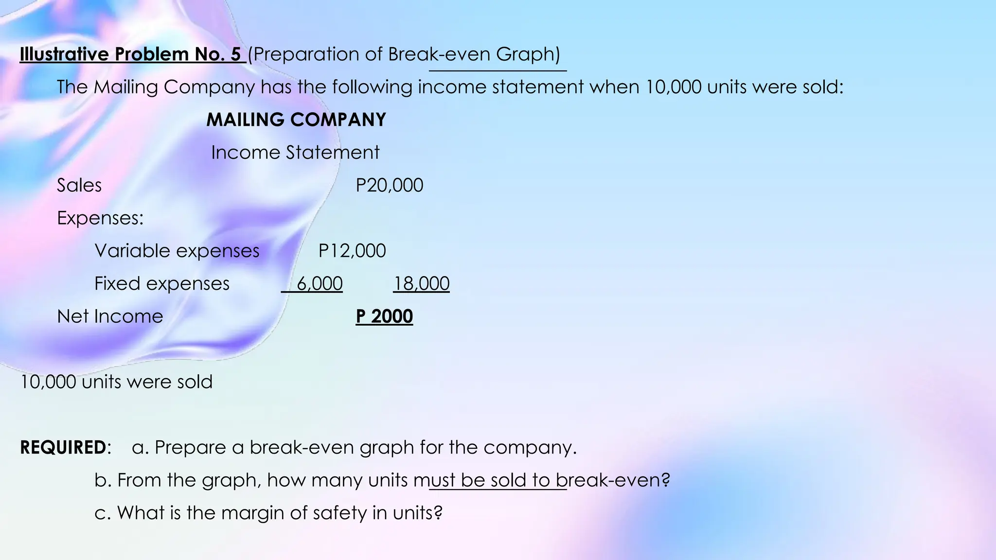 Illustrative Problem No. 5 (Preparation of Break-even Graph)
The Mailing Company has the following income statement when 10,000 units were sold:
MAILING COMPANY
Income Statement
Sales P20,000
Expenses:
Variable expenses P12,000
Fixed expenses 6,000 18,000
Net Income P 2000
10,000 units were sold
REQUIRED: a. Prepare a break-even graph for the company.
b. From the graph, how many units must be sold to break-even?
c. What is the margin of safety in units?
 