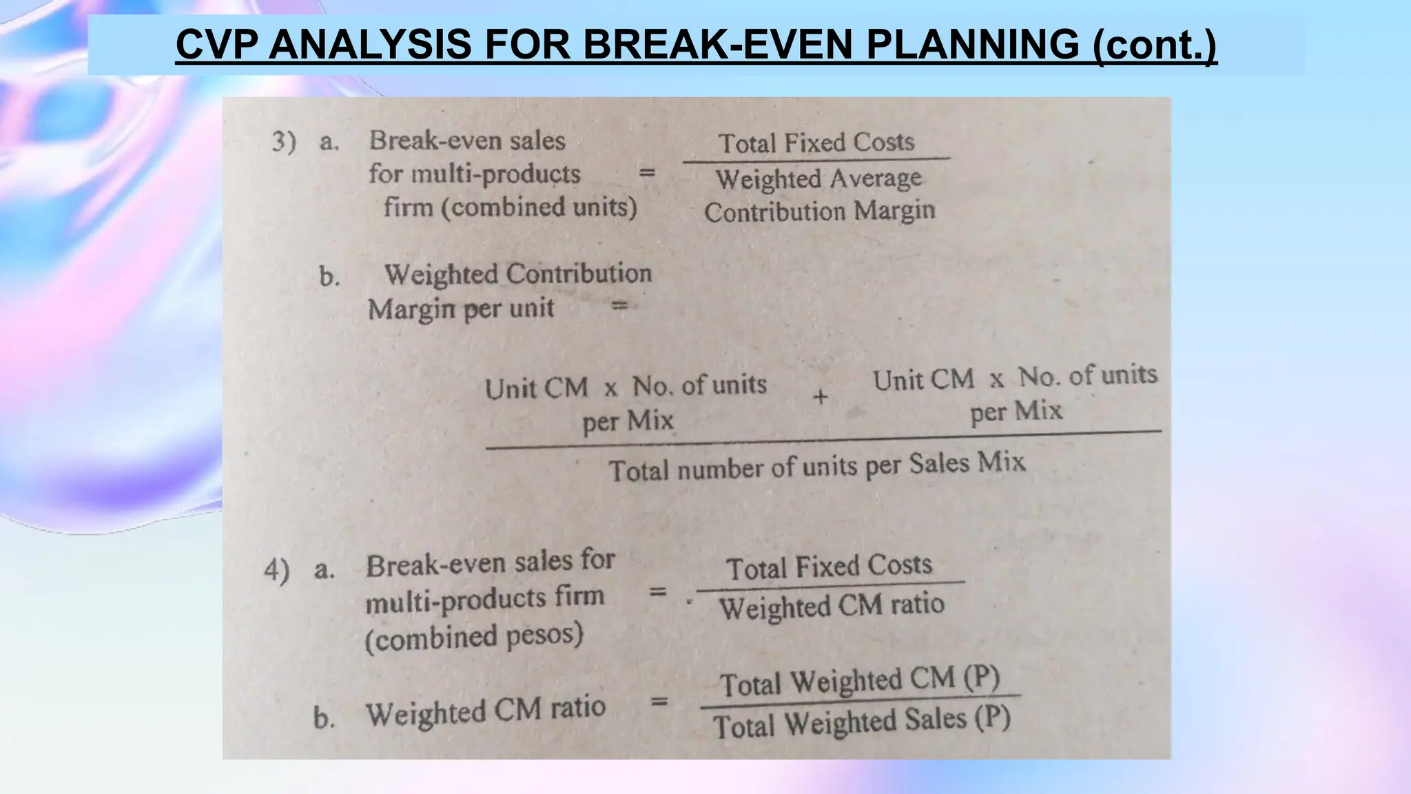 CVP ANALYSIS FOR BREAK-EVEN PLANNING (cont.)
 