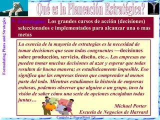 Formulating Plans and Strategies



                                    Estrategias: Los grandes cursos de acción (decisiones)
                                     seleccionados e implementados para alcanzar una o mas
                                     metas
                                     La esencia de la mayoría de estrategias es la necesidad de
                                     tomar decisiones que sean todas congruentes —decisiones
                                     sobre producción, servicio, diseño, etc.-. Las empresas no
                                     pueden tomar muchas decisiones al azar y esperar que todas
                                     resulten de buena manera; es estadísticamente imposible. Eso
                                     significa que las empresas tienen que comprender al menos
                                     parte del todo. Mientras estudiamos la historia de empresas
                                     exitosas, podemos observar que alguien o un grupo, tuvo la
                                     visión de saber cómo una serie de opciones encajaban todas
                                     juntas…
                                                                                    Michael Porter
                                                                   Escuela de Negocios de Harvard
                                                      Capítulo 7: PowerPoint 7.9
 