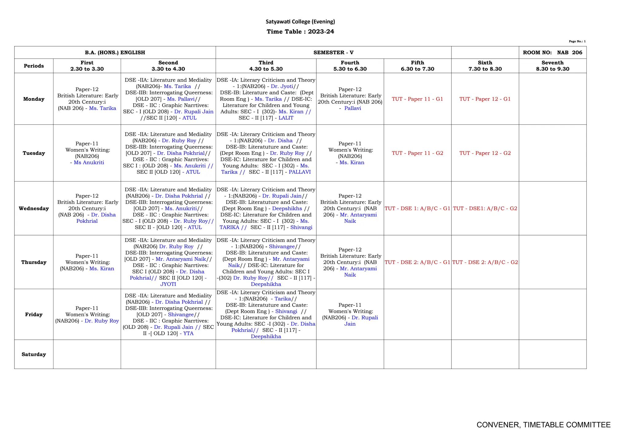 timetable sem v 2023 24 | PDF