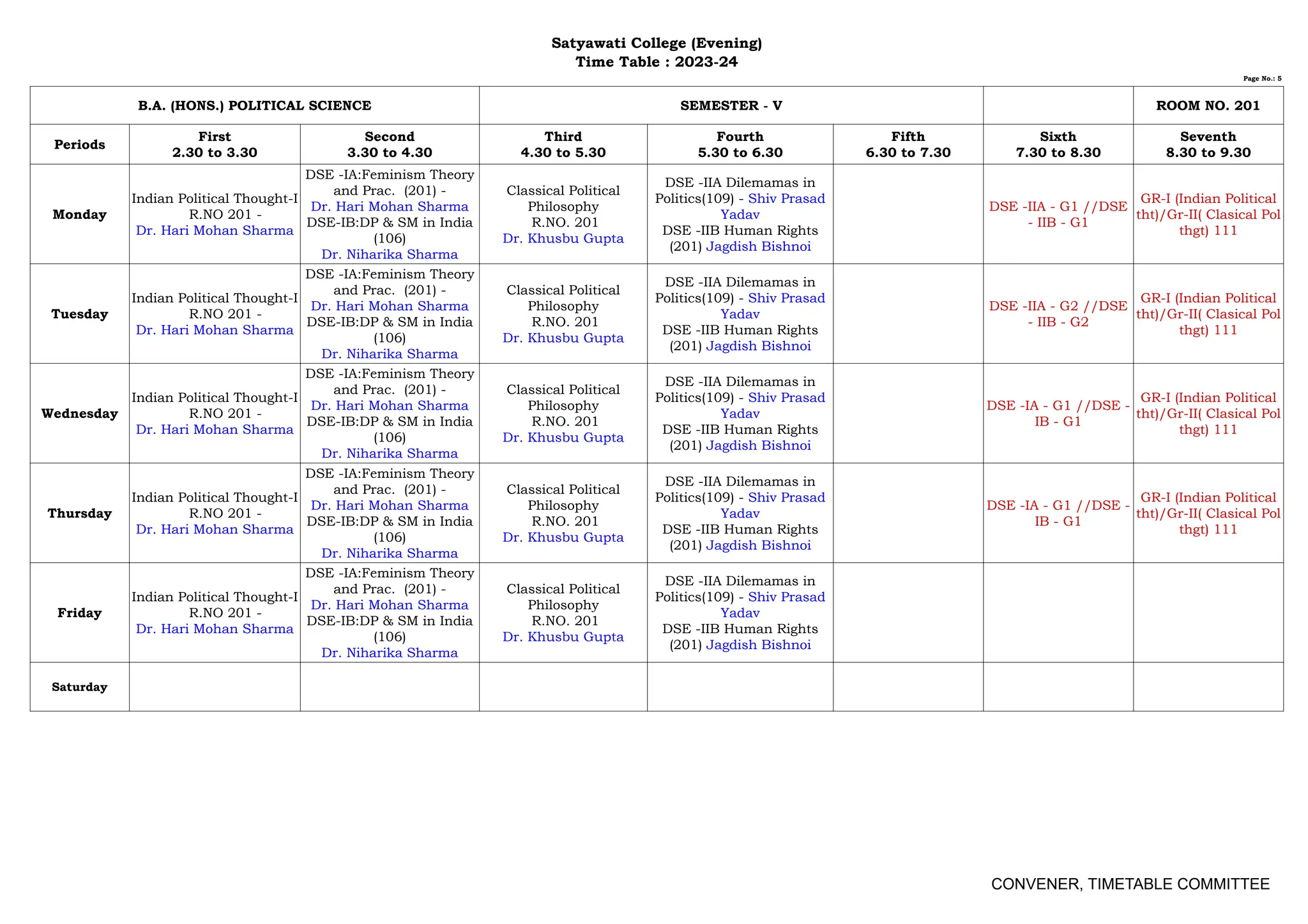 timetable sem v 2023 24 | PDF