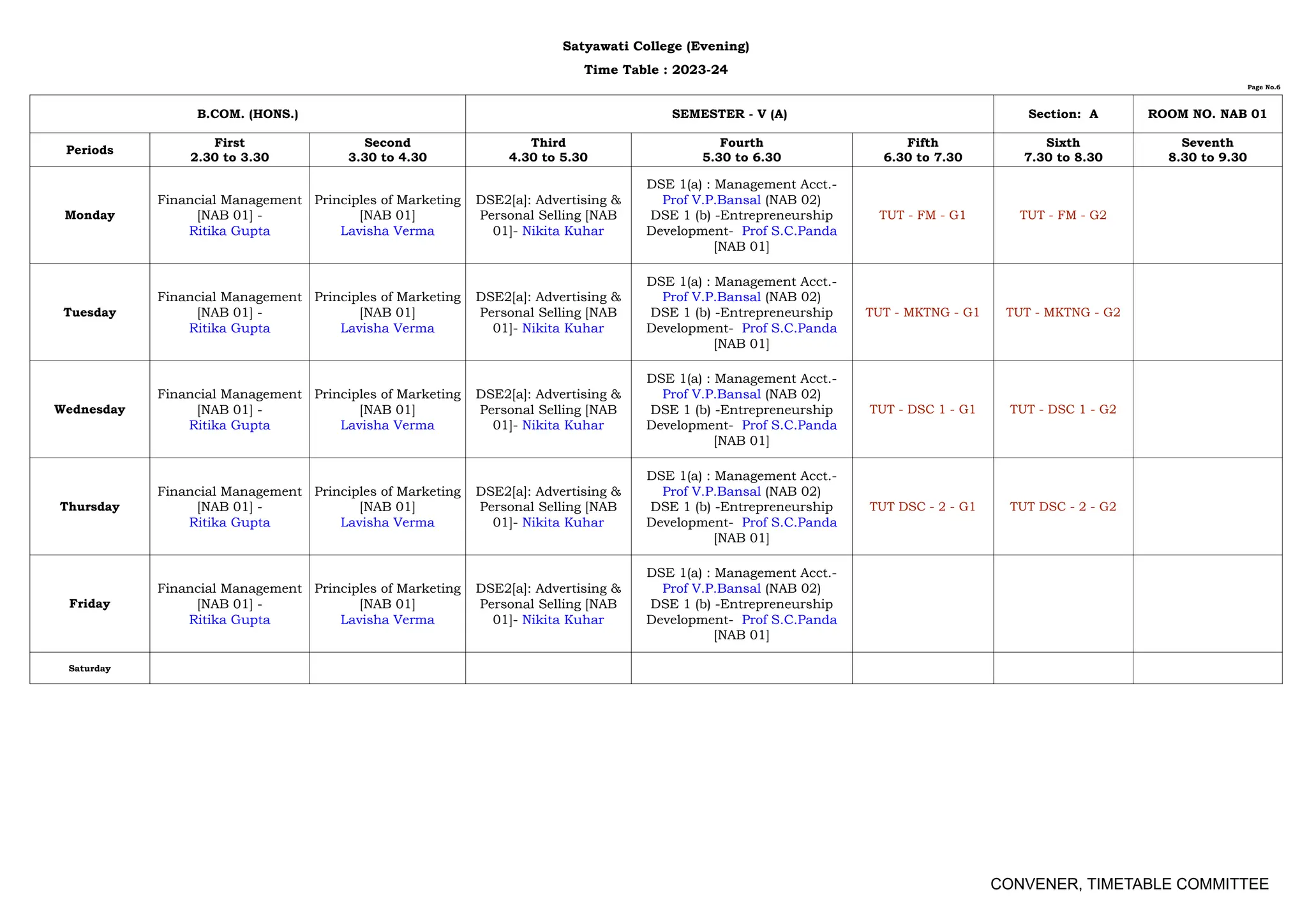 timetable sem v 2023 24 | PDF