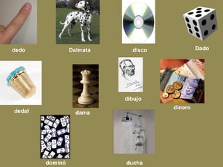 dedo dinero dominó dibujo disco Dalmata dedal dama ducha Dado 