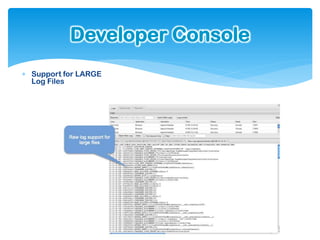 Developer Console
 Support for LARGE
  Log Files
 