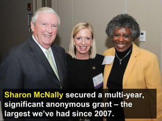Sharon McNally  secured a multi-year, significant anonymous grant – the largest we’ve had since 2007. 