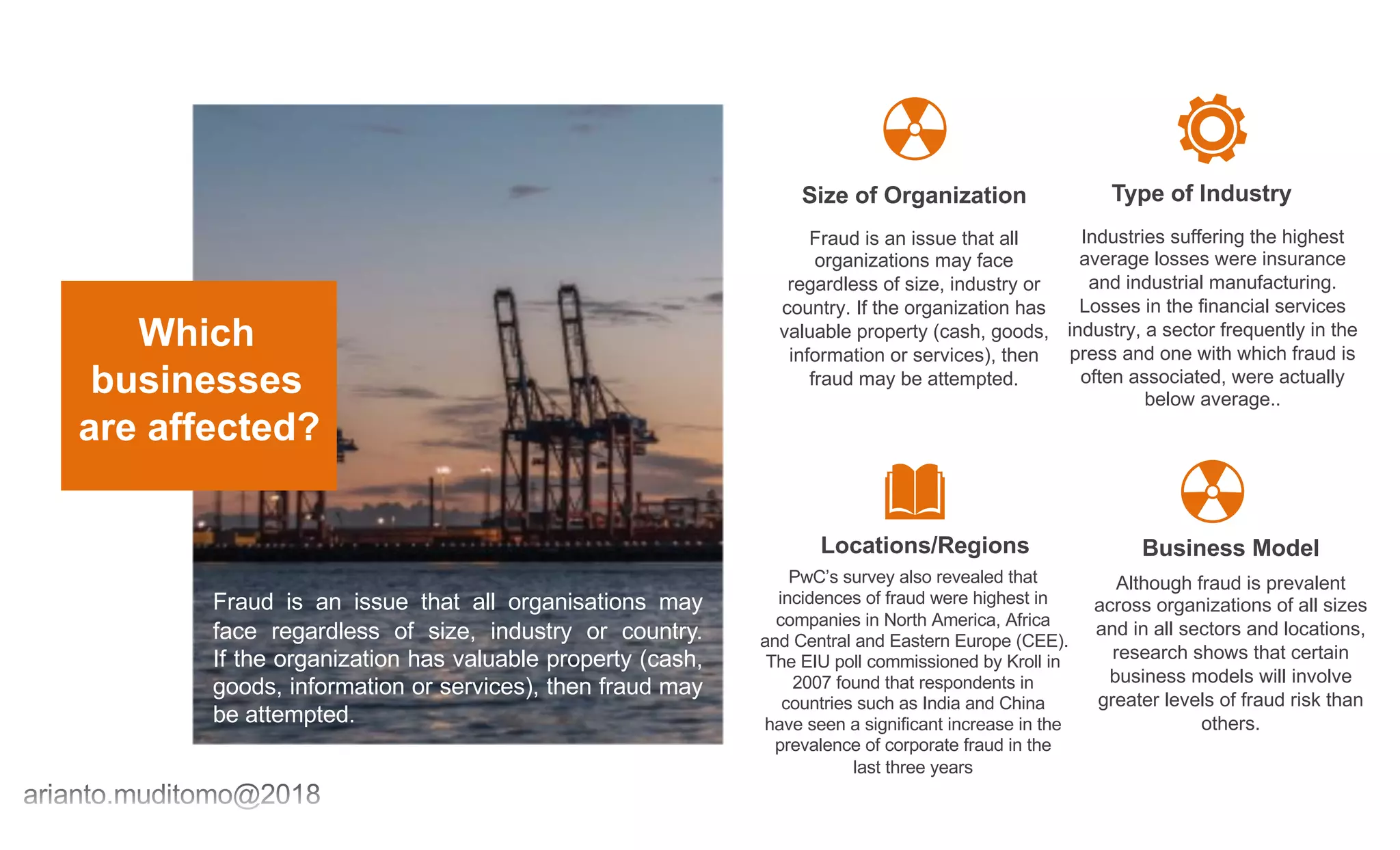 Which
businesses
are affected?
Fraud is an issue that all
organizations may face
regardless of size, industry or
country. If the organization has
valuable property (cash, goods,
information or services), then
fraud may be attempted.
Size of Organization
Industries suffering the highest
average losses were insurance
and industrial manufacturing.
Losses in the financial services
industry, a sector frequently in the
press and one with which fraud is
often associated, were actually
below average..
Type of Industry
PwC’s survey also revealed that
incidences of fraud were highest in
companies in North America, Africa
and Central and Eastern Europe (CEE).
The EIU poll commissioned by Kroll in
2007 found that respondents in
countries such as India and China
have seen a significant increase in the
prevalence of corporate fraud in the
last three years
Locations/Regions
Although fraud is prevalent
across organizations of all sizes
and in all sectors and locations,
research shows that certain
business models will involve
greater levels of fraud risk than
others.
Business Model
Fraud is an issue that all organisations may
face regardless of size, industry or country.
If the organization has valuable property (cash,
goods, information or services), then fraud may
be attempted.
 