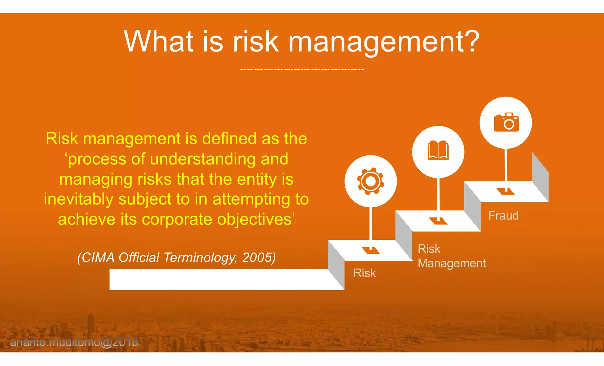 What is risk management?
-------------------------------------
Risk management is defined as the
‘process of understanding and
managing risks that the entity is
inevitably subject to in attempting to
achieve its corporate objectives’
(CIMA Official Terminology, 2005)
Risk
Risk
Management
Fraud
 