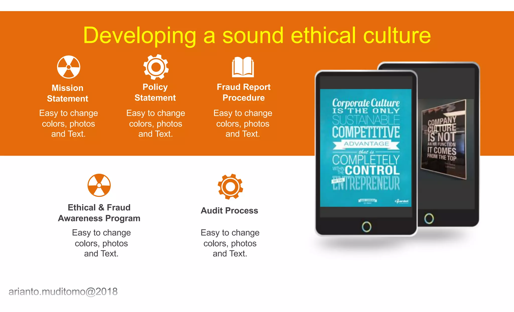 Easy to change
colors, photos
and Text.
Policy
Statement
Easy to change
colors, photos
and Text.
Mission
Statement
Easy to change
colors, photos
and Text.
Fraud Report
Procedure
Easy to change
colors, photos
and Text.
Audit Process
Easy to change
colors, photos
and Text.
Ethical & Fraud
Awareness Program
Developing a sound ethical culture
 