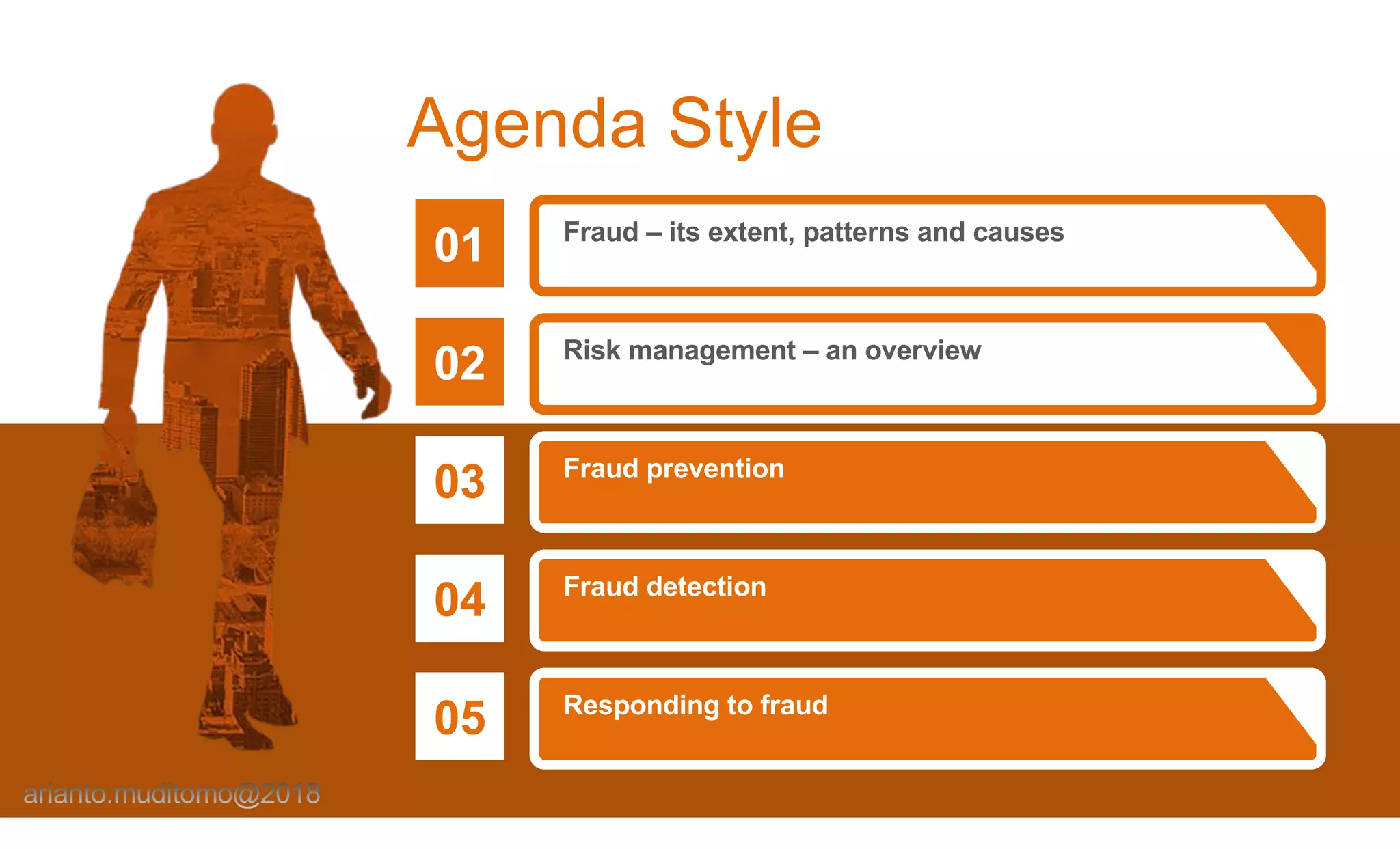 01 Fraud – its extent, patterns and causes
Agenda Style
02 Risk management – an overview
03 Fraud prevention
04 Fraud detection
05 Responding to fraud
 