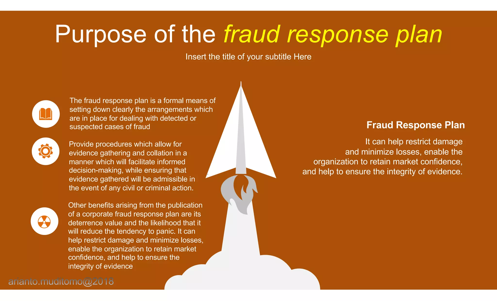Purpose of the fraud response plan
Insert the title of your subtitle Here
The fraud response plan is a formal means of
setting down clearly the arrangements which
are in place for dealing with detected or
suspected cases of fraud
Provide procedures which allow for
evidence gathering and collation in a
manner which will facilitate informed
decision-making, while ensuring that
evidence gathered will be admissible in
the event of any civil or criminal action.
Other benefits arising from the publication
of a corporate fraud response plan are its
deterrence value and the likelihood that it
will reduce the tendency to panic. It can
help restrict damage and minimize losses,
enable the organization to retain market
confidence, and help to ensure the
integrity of evidence
It can help restrict damage
and minimize losses, enable the
organization to retain market confidence,
and help to ensure the integrity of evidence.
Fraud Response Plan
 