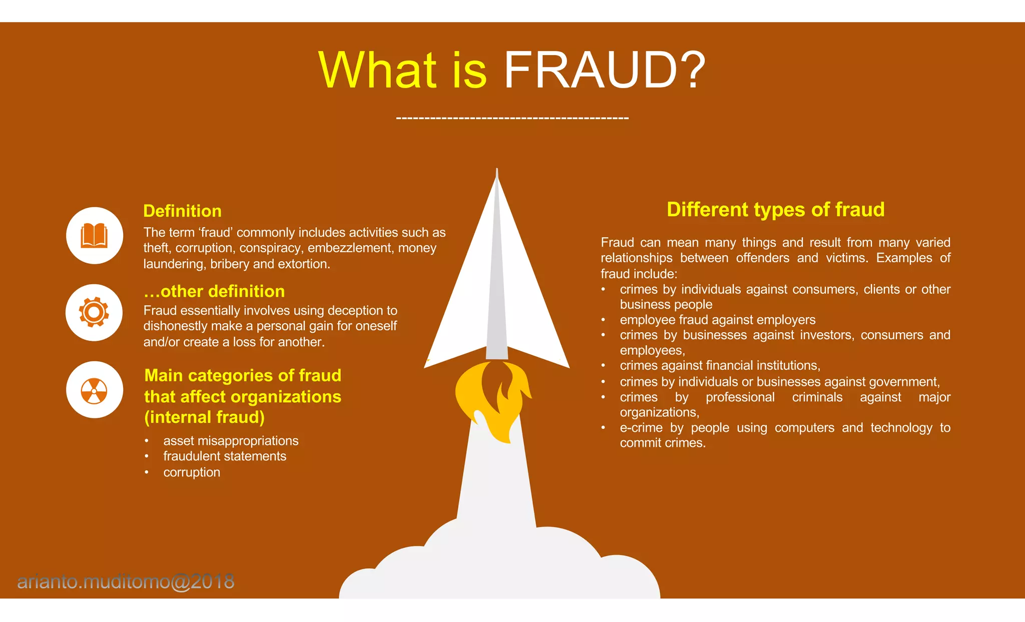 What is FRAUD?
-----------------------------------------
The term ‘fraud’ commonly includes activities such as
theft, corruption, conspiracy, embezzlement, money
laundering, bribery and extortion.
Definition
Fraud essentially involves using deception to
dishonestly make a personal gain for oneself
and/or create a loss for another.
…other definition
• asset misappropriations
• fraudulent statements
• corruption
Main categories of fraud
that affect organizations
(internal fraud)
Fraud can mean many things and result from many varied
relationships between offenders and victims. Examples of
fraud include:
• crimes by individuals against consumers, clients or other
business people
• employee fraud against employers
• crimes by businesses against investors, consumers and
employees,
• crimes against financial institutions,
• crimes by individuals or businesses against government,
• crimes by professional criminals against major
organizations,
• e-crime by people using computers and technology to
commit crimes.
Different types of fraud
 