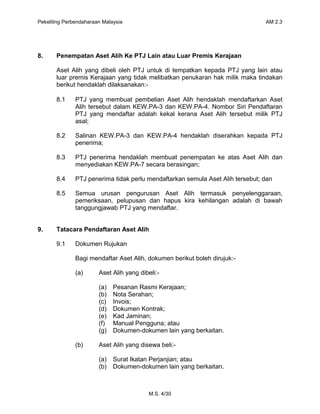 Pekeliling Perbendaharaan Malaysia AM 2.3
M.S. 4/30
8. Penempatan Aset Alih Ke PTJ Lain atau Luar Premis Kerajaan
Aset Ali...