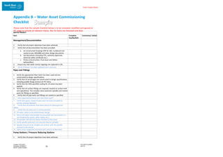 Enter Project Name
Appendix B – Water Asset Commissioning
Checklist
Please note that the sample checklist below is to be reviewed, modified and agreed at
IFC stage to include all relevant checks. Rev A1 items are italicised and blue.
DOCUMENT NUMBER:
AM2755
Created: 27/01/2017
Reviewed: 04/09/2017
Branch: Asset Creation
10
WATER PROJECT
Item Complete
Yes/No/N/A
Comments/ Initials
Management/Documentation
1. Verify that all project objectives have been achieved.
2. Verify that all documentation has been provided:
a. As-Constructed Drawings (PDF & CAD, numbered and
named as per AM2488) and other design documents.
b. QA Documents (including ITPs, authority approvals,
electrical safety certificate etc.)
c. Photos (Construction, Final Asset and Defect
before/after).
3. Ensure any new water service tappings are captured in GIS.
4. Verify GTViewer has been updated and is accurate
Pipes and Fittings
1. Verify the appropriate flow meter has been used and are
constructed to design specifications.
2. Verify that all anchorages are constructed to design specifications,
including puddle flange anchors on PE mains.
3. Verify that the SEW specified coating for all valves has been
applied.
4. Verify that all surface fittings are exposed, located at surface level
and operational. This includes valve extension spindles and marker
posts for fittings as specified.
5. Verify that all pipe work and fittings are coated as specified.
6. Have approved products and sizes been used?
7. Verify that epoxy coated DI pipe work has been provided to
correct nominal diameter.
8. Verify that all padlocks have been placed on above-ground
valves.
9. Verify that all valves are in correct position.
10. All water valves to be anticlockwise closing.
11. Ensure all valves and spindles are accessible and serviceable (i.e.
not hindered by covers, other valves, etc.).
12. All spindles 100-350 mm below finished surface level.
13. Verify spindle extensions are securely fixed to spindles.
14. Spindle shrouds to be straight and vertical, with the spindle
centred in the shroud.
15. Valve covers supported and level with natural surface level.
Pump Stations / Pressure Reducing Stations
1. Verify that all project objectives have been achieved.
 