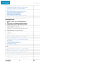 Enter Project Name
DOCUMENT NUMBER:
AM2755
Created: 27/01/2017
Reviewed: 04/09/2017
Branch: Asset Creation
12
32. Ensure opening of cabinets present no OHS issue
33. Protective bollards have been installed where required (removable
where access may be required for maintenance purposes).
34. Lighting provided on-site.
35. Station identification plaques made from stainless steel plate
230mm x 80mm, holes in 4 corners for attachment.
36. Access track is as per design and suitable.
37. All wet-area cabinets should be self-draining.
38. Have traffic risks been considered in the placement of assets?
39. Site is free of rust.
40. Switchboard door stays strong enough to withstand high winds.
Pump Station Concrete
1. Verify that the concrete slab is flush with the finished surface
level.
2. Verify that there is no damage to any exposed concrete surface.
3. Verify that the top slab does not affect the drainage of the site.
4. Verify that the surface dimensions of the top slab are in
accordance with the design drawings.
5. Verify that the below ground concrete structures are
dimensionally correct and in accordance with the design drawings.
6. Verify no leakage through the concrete structure.
7. Verify that all chamfers are provided in accordance with the
design drawings.
Pump Station Security
1. Verify that the security fencing has been installed in accordance
with the design drawings.
2. Verify that South East Water keyed locks installed.
3. Ensure correct locks are fitted to all cabinet doors, bollards, gates,
cages and grates.
4. Verify all cabinets have barrel locks.
5. Abloy locks to be used in all network sites
6. Ensure sites are keyed alike.
7. Check fencing meets SEW standard.
OH&S
1. Has a site safety audit been undertaken by the Safety & Wellbeing
team?
2. Verify that no overhead cables restrict access via crane trucks.
3. Verify that all ladders are provided with the extension above the
FSL.
4. Verify that the ladders have non-slip treads.
5. Have safety cages been specified?
6. Verify that safety cages have been installed in accordance with the
design drawings.
7. Verify all items that require ongoing maintenance are
maintainable and accessible without the use of any mechanical
aid.
 