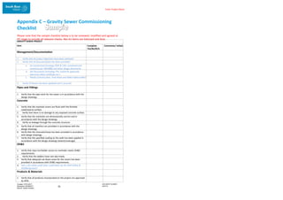 Enter Project Name
Appendix C – Gravity Sewer Commissioning
Checklist
Please note that the sample checklist below is to be reviewed, modified and agreed at
IFC stage to include all relevant checks. Rev A1 items are italicised and blue.
DOCUMENT NUMBER:
AM2755
Created: 27/01/2017
Reviewed: 04/09/2017
Branch: Asset Creation
15
GRAVITY SEWER PROJECT
Item Complete
Yes/No/N/A
Comments/ Initials
Management/Documentation
1. Verify that all project objectives have been achieved.
2. Verify that all documentation has been provided:
a. As-Constructed Drawings (PDF & CAD, numbered and
named as per AM2488) and other design documents
b. QA Documents (including ITPs, authority approvals,
electrical safety certificate etc.)
c. Photos (Construction, Final Asset and Defect before/after)
3. Verify GTViewer has been updated and is accurate
Pipes and Fittings
1. Verify that the pipe work for the sewer is in accordance with the
design drawings.
Concrete
1. Verify that the manhole covers are flush with the finished
road/reserve surface.
2. Verify that there is no damage to any exposed concrete surface.
3. Verify that the manholes are dimensionally correct and in
accordance with the design drawings.
4. Verify no leakage through the concrete structure.
5. Verify that all chamfers are provided in accordance with the
design drawings.
6. Verify that the channels/chase has been provided in accordance
with design drawings.
7. Verify that the specified coating to the walls has been applied in
accordance with the design drawings (extent/coverage).
OH&S
1. Verify that step iron/ladder access to manholes meets OH&S
requirements.
2. Verify that the ladders have non-slip treads.
3. Verify that adequate set down areas for the covers has been
provided in accordance with OH&S requirements.
4. Has a site safety audit been undertaken by the SEW Safety &
Wellbeing team?
Products & Materials
1. Verify that all products incorporated on the project are approved
by SEW.
 