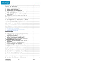 Enter Project Name
DOCUMENT NUMBER:
AM2755
Created: 27/01/2017
Reviewed: 04/09/2017
Branch: Asset Creation
21
Detention Tank Specific Items
1. Detention tank isolation valves checked.
2. Detention Tank flap gates functional.
3. Verify that the level sensor is working on SCADA.
4. Verify that the hose/ hydrant connection point is long enough for
washing down the detention tank.
5. Verify that there is adequate access to the detention tanks for
cleaning purposes.
6. Verify that there is an approved coating on the wall of the tank.
Other Services
1. Verify that the water service has been fitted with an approved
back flow prevention device and hose reel in cabinet. Backflow
device must be tested and tagged.
2. Verify that all conduits through the top slab have been sealed to
prevent odour escaping.
3. Verify that electricity is below ground, not above.
4. Verify that the access track is in accordance with the design
drawings.
5. Verify that adequate site drainage has been provided.
6. All disused conduits must be grouted.
7. Verify that all recycled water hoses and lines are purple.
8. Verify hose reel is not painted red.
Electrical Equipment
1. Verify that the Electrical equipment are designed and constructed
per the SEW Waste Water Pump Station Electrical Design and
Construction Specification 02-163.1.
2. Verify that the Electrical equipment installed are per the South
East Water Electrical Performance Specification AM2714.
3. Verify all Electrical equipment has been tested as per Appendix C
– Commissioning Inspection Test Sheet of AM2714.
4. Verify that the Station Identification plaque has been fitted to the
electrical cabinet.
5. Verify that the telemetry aerial has adequate protection in
accordance with South East Water specification.
6. Verify that external lighting over the switchboard has been
provided.
7. Verify that the South East Water locks fitted to switchboard and
operational.
8. Verify that quick link generator connectors provided.
9. All conduits must be foam filled.
10. Plastic fasteners not to be used in areas exposed to UV-light.
11. Cables must not be exposed to UV-light (e.g. within conduit).
12. Cable glands are properly installed and tightened.
13. Cable socks to be fitted to all cables/pump cables.
Concrete
1. Verify no leakage through the concrete structure.
2. Verify that all chamfers are provided in accordance with the
 
