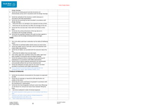 Enter Project Name
DOCUMENT NUMBER:
AM2755
Created: 27/01/2017
Reviewed: 04/09/2017
Branch: Asset Creation
22
design drawings.
3. Verify that the below ground concrete structures are
dimensionally correct and in accordance with the design drawings.
4. Verify the verticality of the structure is within tolerance in
accordance with SEW specifications.
5. Verify that the benching has been provided in accordance with
design drawings.
6. Verify that there is no damage to any exposed concrete surface.
7. Verify that the top slab does not affect the drainage of the site.
8. Verify that the concrete slab is flush with the finished surface
level.
9. Verify that the surface dimensions of the top slab are in
accordance with the design drawings.
10. Verify that the specified coating to the walls has been applied in
accordance with the design drawings (extent/coverage).
OH&S
1. Has a site safety audit been undertaken by the Safety & Wellbeing
team?
2. Verify that no overhead cables restrict access via crane trucks.
3. Verify that ladder access to wet well, valve pit & detention tank
meets OH&S requirements.
4. Verify that all ladders are provided with the extension above the
FSL.
5. Verify that the ladders have non-slip treads.
6. Have safety cages been specified? Verify that safety cages have
been installed in accordance with the design drawings.
7. Verify that adequate distance between wet well opening and
switchboard is in accordance with OH&S requirements.
8. Verify all items require ongoing maintenance are maintainable
and accessible without the use of any mechanical aid.
9. Verify that adequate set down areas for the covers has been
provided in accordance with OH&S requirements.
10. Ensure all ground-mounted objects have appropriate trip
protection (e.g. chains, high visibility markers, etc.).
Products & Materials
1. Verify that all products incorporated on the project are approved
by SEW.
2. Verify that all markings as required by SEW specification are
visible on the covers.
3. Verify that the covers and frames are greased in accordance with
the manufacturer’s requirements.
4. Verify that the interchangeable multi-part covers have lifting lugs
on the beams for removal and covers have clockwise lifting key
holes.
5. Lids to be numbered in order of removal sequence.
6. All metals exposed to sewer gases are to be stainless steel 316 or
DIEL.
7. Fasteners and other metal products outside (exposed to
weather/elements) to be GAL or SS.
8. Have critical spares been procured?
 