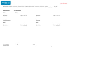 Enter Project Name
DOCUMENT NUMBER:
AM2755
Created: 27/01/2017
Reviewed: 04/09/2017
Branch: Asset Creation
34
T
Closeout: All identified outstanding items have been rectified and no further outstanding items exist. Updated _/ _/
SEW Operations SEW Maintenance
Name: Name:
Yes / No
Signature: Date: _/ _/ Signature: Date: _/ _/
Pipes & Structures Consortia
Name: Name:
Signature: Date: _/ _/ Signature: Date: _/ _/
 