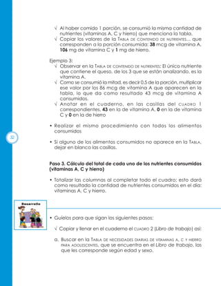 √ Al haber comido 1 porción, se consumió la misma cantidad de
nutrientes (vitaminas A, C y hierro) que menciona la tabla.
√ Copiar los valores de la TABLA DE CONTENIDO DE NUTRIENTES... que
corresponden a la porción consumida: 38 mcg de vitamina A,
106 mg de vitamina C y 1 mg de hierro.
Ejemplo 3:
√ Observar en la TABLA DE CONTENIDO DE NUTRIENTES: El único nutriente
que contiene el queso, de los 3 que se están analizando, es la
vitamina A.
√ Como se consumió la mitad, es decir 0.5 de la porción, multiplicar
ese valor por los 86 mcg de vitamina A que aparecen en la
tabla, lo que da como resultado 43 mcg de vitamina A
consumidos.
√ Anotar en el cuaderno, en las casillas del CUADRO 1
correspondientes, 43 en la de vitamina A, 0 en la de vitamina
C y 0 en la de hierro
• Realizar el mismo procedimiento con todos los alimentos
consumidos
32

• Si alguno de los alimentos consumidos no aparece en la TABLA,
dejar en blanco las casillas.

Paso 3. Cálculo del total de cada uno de los nutrientes consumidos
(vitaminas A, C y hierro)
• Totalizar las columnas al completar todo el cuadro; esto dará
como resultado la cantidad de nutrientes consumidos en el día:
vitaminas A, C y hierro.

• Guíelos para que sigan los siguientes pasos:
√ Copiar y llenar en el cuaderno el CUADRO 2 (Libro de trabajo) así:
a. Buscar en la TABLA DE NECESIDADES DIARIAS DE VITAMINAS A, C Y HIERRO
PARA ADOLESCENTES, que se encuentra en el Libro de trabajo, las
que les corresponde según edad y sexo.

 