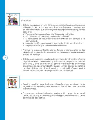 En equipo:
• Solicite que preparen una ficha de un producto alimenticio como
el huevo, la leche, las verduras, los cereales u otro que venden
en la comunidad, que contenga la descripción de los siguientes
aspectos:
√ Preparación para cultivar plantas o criar animales.
√ El cultivo de las plantas y crianza de animales.
√ El transporte de los productos alimenticios del campo a la
comunidad.
√ La elaboración, venta o almacenamiento de los alimentos.
√ La preparación y el consumo de alimentos.
• Promueva la presentación de las fichas y comentarios de las
experiencias y lo relacionen con el esquema que se presenta en
el libro de trabajo.
36

• Solicite que elaboren una lista de nombres de alimentos básicos
disponibles en la comunidad y la forma de prepararlos para el
consumo y que contesten a: ¿Existe variedad de alimentos
disponibles en la comunidad? ¿Cuáles son las causas de la falta
de disponibilidad de alimentos en la comunidad? ¿Cuáles son las
formas más comunes de preparación de alimentos?

• Analice con los y las estudiantes el significado y los pilares de la
seguridad alimentaria y relaciones con situaciones concretas de
la comunidad.
• Promueva con los estudiantes, la ejecución de acciones en el
centro escolar, que contribuyan a la seguridad alimentaria de la
comunidad educativa.

 