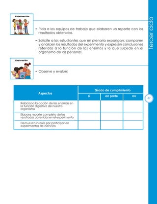 • Solicite a los estudiantes que en plenaria expongan, comparen
y analicen los resultados del experimento y expresen conclusiones
referidas a la función de las enzimas y lo que sucede en el
organismo de las personas.

tercer ciclo

• Pida a los equipos de trabajo que elaboren un reporte con los
resultados obtenidos.

• Observe y evalúe:

Grado de cumplimiento
Aspectos
Relaciona la acción de las enzimas en
la función digestiva de nuestro
organismo
Elabora reporte completo de los
resultados obtenidos en el experimento
Demuestra interés por participar en
experimentos de ciencias

sí

en parte

no

47

 