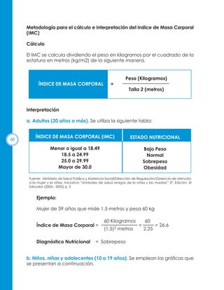 Metodología para el cálculo e interpretación del Indice de Masa Corporal
(IMC)
Cálculo
El IMC se calcula dividiendo el peso en kilogramos por el cuadrado de la
estatura en metros (kg/m2) de la siguiente manera.

Peso (Kilogramos)
ÍNDICE DE MASA CORPORAL

=
Talla 2 (metros)

Interpretación
a. Adultos (20 años o más). Se utiliza la siguiente tabla:

68

ÍNDICE DE MASA CORPORAL (IMC)

ESTADO NUTRICIONAL

Menor o igual a 18.49
18.5 a 24.99
25.0 a 29.99
Mayor de 30.0

Bajo Peso
Normal
Sobrepeso
Obesidad

Fuente: Ministerio de Salud Pública y Asistencia Social/Dirección de Regulación/Gerencia de atención
a la mujer y la niñez. Iniciativa “Unidades de salud amigas de la niñez y las madres” 3ª. Edición. El
Salvador (2004 - 2005) p. 5

Ejemplo:
Mujer de 39 años que mide 1.5 metros y pesa 60 kg

Índice de Masa Corporal =

Diagnóstico Nutricional

60 Kilogramos
(1.5)2 metros

=

60
2.25

= 26.6

= Sobrepeso

b. Niños, niñas y adolecentes (10 a 19 años). Se emplean las gráficas que
se presentan a continuación.

 