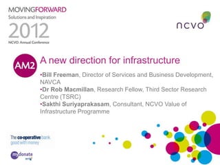 A new direction for infrastructure
•Bill Freeman, Director of Services and Business Development,
NAVCA
•Dr Rob Macmillan, Research Fellow, Third Sector Research
Centre (TSRC)
•Sakthi Suriyaprakasam, Consultant, NCVO Value of
Infrastructure Programme
 