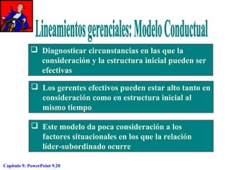  Diagnosticar circunstancias en las que la
consideración y la estructura inicial pueden ser
efectivas
 Los gerentes efectivos pueden estar alto tanto en
consideración como en estructura inicial al
mismo tiempo
 Este modelo da poca consideración a los
factores situacionales en los que la relación
líder-subordinado ocurre
Capítulo 9: PowerPoint 9.20

 