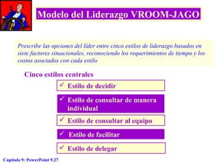Modelo del Liderazgo VROOM-JAGO
Prescribe las opciones del líder entre cinco estilos de liderazgo basados en
siete factores situacionales, reconociendo los requerimientos de tiempo y los
costos asociados con cada estilo

Cinco estilos centrales
 Estilo de decidir
 Estilo de consultar de manera
individual
 Estilo de consultar al equipo
 Estilo de facilitar
 Estilo de delegar
Capítulo 9: PowerPoint 9.27

 