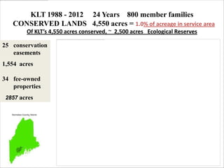 KLT 1988 - 2012 24 Years 800 member families
   CONSERVED LANDS 4,550 acres = 1.0% of acreage in service area
        Of KLT’s 4,550 acres conserved, ~ 2,500 acres Ecological Reserves

25 conservation
   easements
1,554 acres

34 fee-owned
   properties
 2857 acres
 