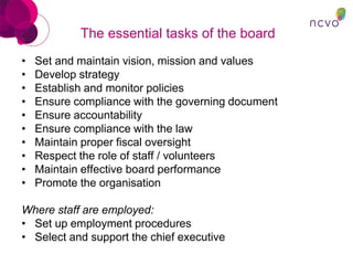 The essential tasks of the board
• Set and maintain vision, mission and values
• Develop strategy
• Establish and monitor policies
• Ensure compliance with the governing document
• Ensure accountability
• Ensure compliance with the law
• Maintain proper fiscal oversight
• Respect the role of staff / volunteers
• Maintain effective board performance
• Promote the organisation
Where staff are employed:
• Set up employment procedures
• Select and support the chief executive
 