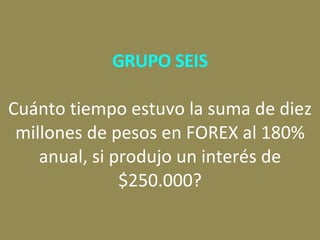 GRUPO SEIS Cuánto tiempo estuvo la suma de diez millones de pesos en FOREX al 180% anual, si produjo un interés de $250.000? 