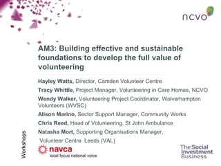 AM3: Building effective and sustainable
foundations to develop the full value of
volunteering
Hayley Watts, Director, Camden Volunteer Centre
Tracy Whittle, Project Manager, Volunteering in Care Homes, NCVO
Wendy Walker, Volunteering Project Coordinator, Wolverhampton
Volunteers (WVSC)
Alison Marino, Sector Support Manager, Community Works
Chris Reed, Head of Volunteering, St John Ambulance
Natasha Mort, Supporting Organisations Manager,
Volunteer Centre Leeds (VAL)
Workshops
 
