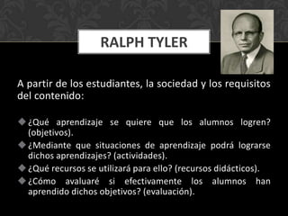 RALPH TYLER
A partir de los estudiantes, la sociedad y los requisitos
del contenido:
 ¿Qué aprendizaje se quiere que los alumnos logren?
(objetivos).
 ¿Mediante que situaciones de aprendizaje podrá lograrse
dichos aprendizajes? (actividades).
 ¿Qué recursos se utilizará para ello? (recursos didácticos).
 ¿Cómo avaluaré si efectivamente los alumnos han
aprendido dichos objetivos? (evaluación).

 