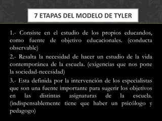 7 ETAPAS DEL MODELO DE TYLER
1.- Consiste en el estudio de los propios educandos,
como fuente de objetivo educacionales. (conducta
observable)
2.- Resalta la necesidad de hacer un estudio de la vida
contemporánea de la escuela. (exigencias que nos pone
la sociedad-necesidad)
3.- Esta definida por la intervención de los especialistas
que son una fuente importante para sugerir los objetivos
en las distintas asignaturas de la escuela.
(indispensablemente tiene que haber un psicólogo y
pedagogo)

 