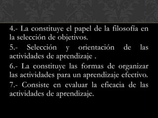 4.- La constituye el papel de la filosofía en
la selección de objetivos.
5.- Selección y orientación de las
actividades de aprendizaje .
6.- La constituye las formas de organizar
las actividades para un aprendizaje efectivo.
7.- Consiste en evaluar la eficacia de las
actividades de aprendizaje.

 