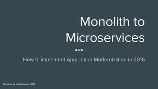 Prepared by @saflimbenly -2016Prepared by @saflimbenly -2016
Monolith to
Microservices
How to implement Application Modernization in 2016
 