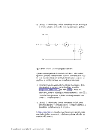 © Festo Didactic GmbH & Co. KG • Art Systems GmbH • FluidSIM 117
→ Detenga la simulación y cambie al modo de edición. Modifique
el circuito tal como se muestra en la representación gráfica.
Figura 8/22: circuito sencillo con potenciómetro
El potenciómetro permite modificar la resistencia mediante un
regulador giratorio o de corredera. FluidSIM permite que se haga
clic en el potenciómetro con la simulación en curso, para que se
modifique la resistencia igual que en aplicaciones reales.
→ Inicie la simulación y active la función de visualización de la
intensidad de la corriente haciendo clic en la opción
Magnitudes de estados... del menú Ver . A modo de
alternativa, también puede pulsar repetidamente la tecla I . A
continuación haga clic en el potenciómetro y observe cómo
cambia la corriente eléctrica.
→ Detenga la simulación y cambie al modo de edición. En la
biblioteca de componentes seleccione el diagrama de fases y
desplácelo hacia la ventana de circuitos.
El diagrama de fases registra las magnitudes correspondientes a
los estados de los componentes más importantes y, además, las
muestra gráficamente.
 