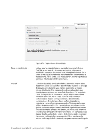 © Festo Didactic GmbH & Co. KG • Art Systems GmbH • FluidSIM 127
Figura 9/5: Carga externa de un cilindro
Indique aquí la masa de la carga que deberá mover el cilindro.
FluidSIM se encarga de calcular correctamente y de manera
automática las masas del émbolo y del vástago del cilindro. Por lo
tanto, la masa que aquí se debe indicar se refiere únicamente a la
masa externa. Por lo tanto, si se introduce “0”, ello no significa que
las masas móviles del cilindro sean nulas.
La fricción estática y la fricción dinámica definen la fricción de la
masa móvil sobre una superficie determinada. FluidSIM se encarga
de calcular correctamente y de manera automática la fricción
interna del cilindro. Si la masa se elevará odesplazará sin que
establezca contacto con una superficie, introduzca “0” en ambos
casos. En la práctica es sumanente complicado obtener valores
fiables de la fricción. Por lo tanto, FluidSIM ofrece diversos
coeficientes de fricción correspondientes a determinadas
combinaciones de materiales. Estos coeficientes deberán
entenderse como referencias aproximadas. Si compara diversas
tablas con valores de fricción, constatará que los valores (por lo
general obtenidos empíricamente mediante experimentos) varían
considerablemente entre sí. Por lo tanto, los resultados obtenidos
considerando la fricción deberán interpretarse con ciertas reservas.
A pesar de ello, variando los valores de la fricción podrá reconocer
claramente cuáles son las consecuencias físicas que tienen la
fricción estática y dinámica. Además, tenga en cuenta que el ángulo
Masa en movimiento
Fricción
 
