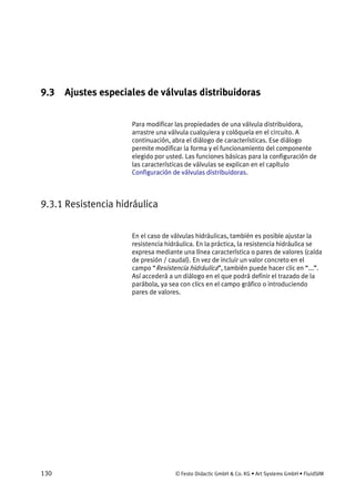 130 © Festo Didactic GmbH & Co. KG • Art Systems GmbH • FluidSIM
9.3 Ajustes especiales de válvulas distribuidoras
Para modificar las propiedades de una válvula distribuidora,
arrastre una válvula cualquiera y colóquela en el circuito. A
continuación, abra el diálogo de características. Ese diálogo
permite modificar la forma y el funcionamiento del componente
elegido por usted. Las funciones básicas para la configuración de
las características de válvulas se explican en el capítulo
Configuración de válvulas distribuidoras.
9.3.1 Resistencia hidráulica
En el caso de válvulas hidráulicas, también es posible ajustar la
resistencia hidráulica. En la práctica, la resistencia hidráulica se
expresa mediante una línea característica o pares de valores (caída
de presión / caudal). En vez de incluir un valor concreto en el
campo “Resistencia hidráulica”, también puede hacer clic en “...”.
Así accederá a un diálogo en el que podrá definir el trazado de la
parábola, ya sea con clics en el campo gráfico o introduciendo
pares de valores.
 